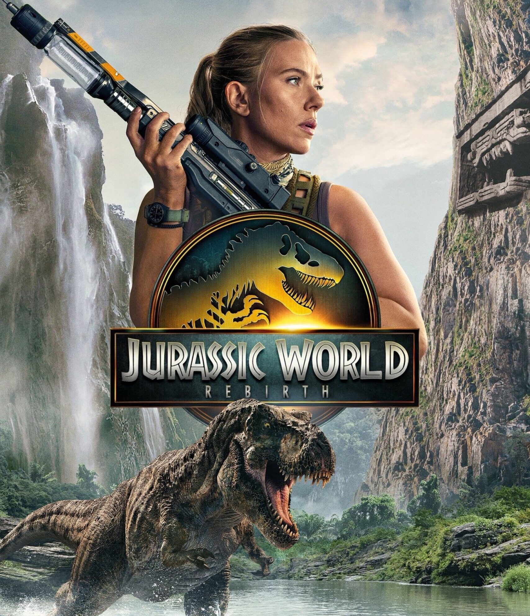 Jurassic World Rebirth - Frau mit Knarre und Dinosaurier davor