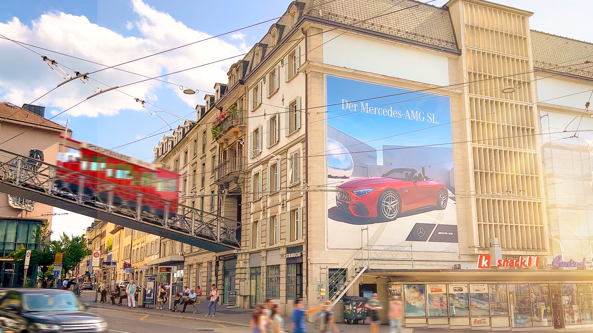 Large-format poster (mega-poster) at Central in Zurich. The Polybahn can be seen in the background.